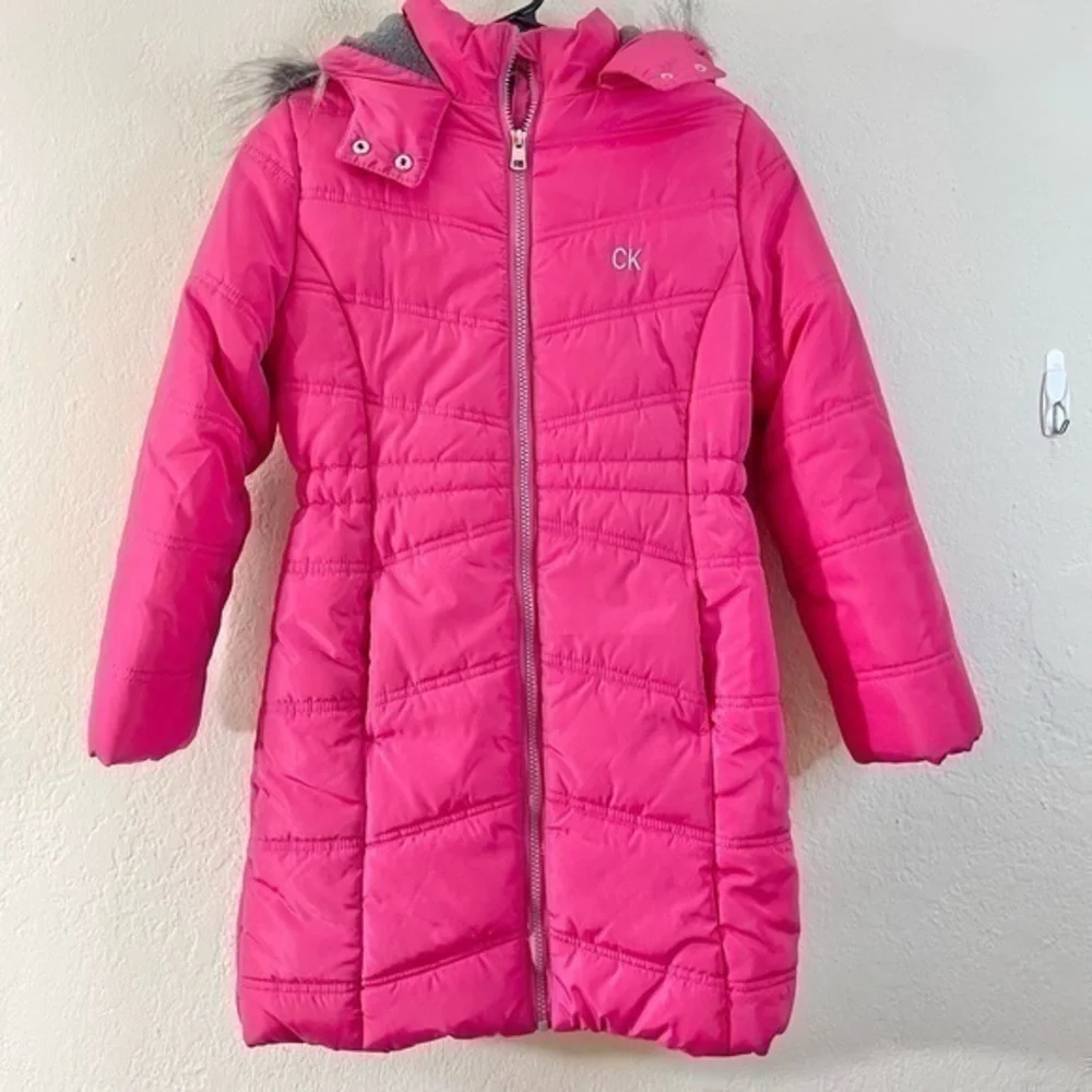 Calvin Klein Big Girls Aerial Hooded Jacket with Faux-Fur Trim Size Medium Pink